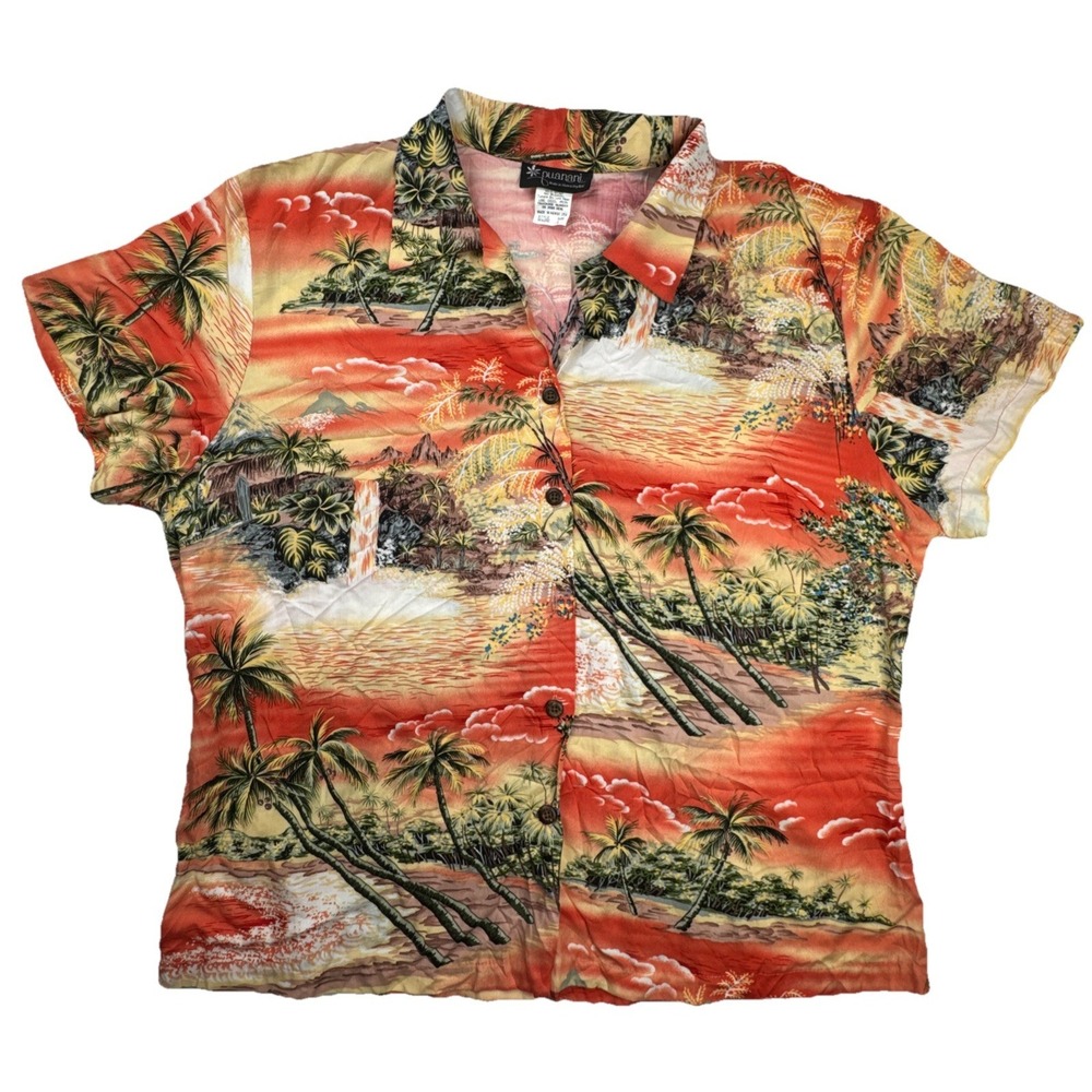 Puanani Hawaiian Shirt Tropical Island Sunset Print Rayon Size L Orange‎